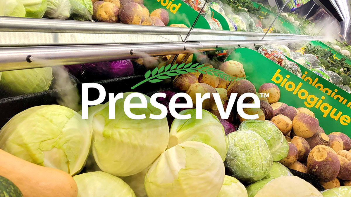 Préserve Logo over image of produce misting system